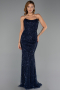Robe de Soirée Longue Perlé Bleu Marine ABU6401