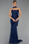 Robe de Soirée Longue Dantelle Bleu Marine ABU6487