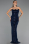 Robe de Soirée Longue Perlé Bleu Marine ABU6544