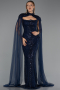 Robe de Soirée Longue Perlé Bleu Marine ABU6544