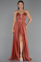 Robe de Soirée Longue Satin Marron Clair ABU6553