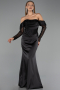 Robe de Soirée Longue Satin Noir ABU6555