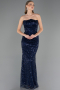 Robe de Soirée Longue Perlé Bleu Marine ABU6569