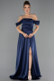 Robe de Soirée Longue Satin Bleu Marine ABU6638