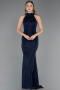 Robe de Soirée Longue Dantelle Bleu Marine ABU6084