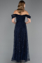 Robe de Soirée Longue Perlé Bleu Marine ABU6659