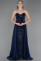 Robe de Soirée Longue Perlé Bleu Marine ABU6673