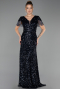 Robe de Soirée Grande Taille Longue Squameuse Bleu Marine ABU6688