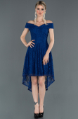 Robe de Soirée Lacé Devant Court Dos Long Bleu Saxe ABO018
