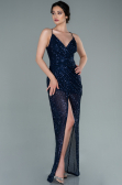 Robe De Soirée Squameuse Longue Bleu Marine ABU1880