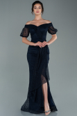 Robe de Soirée Longue Dantelle Bleu Marine ABU2427