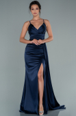 Robe de Fiançaille Longue Satin Bleu Marine ABU2495