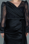 Robe Grande Taille Longue Satin Noir ABU2759