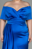 Robe Grande Taille Longue Satin Bleu Saxe ABU2873