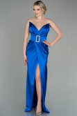 Robe de Soirée Longue Satin Bleu Saxe ABU2844