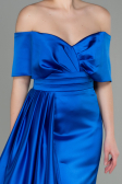 Robe de Soirée Longue Satin Bleu Saxe ABU2893
