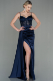 Robe De Soirée Satin Longue Bleu Marine ABU2130