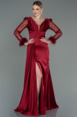 Robe de Soirée Longue Satin Rouge Bordeaux ABU3080