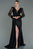 Robe de Soirée Longue Satin Noir ABU3080