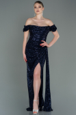 Robe de Soirée Longue Squameuse Bleu Marine ABU2987