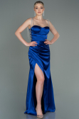 Robe de Soirée Longue Satin Bleu Saxe ABU3198
