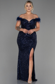 Robe de Soirée Grande Taille Longue Squameuse Bleu Marine ABU3193