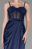 Robe de Soirée Longue Satin Bleu Marine ABU3312