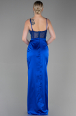 Robe de Soirée Longue Satin Bleu Saxe ABU3312