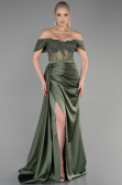 Robe De Soirée Satin Longue Vert Huile ABU3446