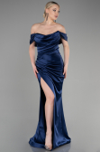Robe Queue de Poisson Longue Satin Bleu Marine ABU3479