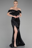Robe Queue de Poisson Longue Satin Noir ABU3479