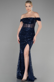 Robe de Soirée Longue Squameuse Bleu Marine ABU3498