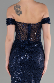 Robe de Soirée Longue Squameuse Bleu Marine ABU3498