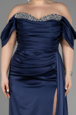 Robe De Fiançailles Grande Taille Longue Satin Bleu Marine ABU3655