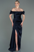 Robe De Fiançaille Satin Longue Bleu Marine ABU1606