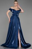 Robe de Soirée Longue Satin Bleu Marine ABU3774