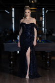 Robe de Soirée Longue Squameuse Bleu Marine ABU3577
