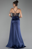 Robe de Soirée Longue Satin Bleu Marine ABU4090