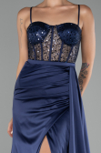 Robe de Soirée Longue Satin Bleu Marine ABU4090
