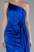 Robe de Soirée Longue Satin Bleu Saxe ABU4174