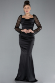 Robe Queue de Poisson Longue Satin Noir ABU4332