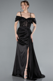 Robe de Soirée Longue Satin Noir ABU4801
