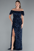 Robe de Soirée Longue Squameuse Bleu Marine ABU4843
