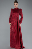 Tenue de Soirée Voilée Longue Perlé Rouge Bordeaux ABU4941
