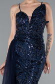 Robe de Soirée Longue Perlé Bleu Marine ABU5003