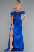 Robe de Soirée Longue Satin Bleu Saxe ABU5034