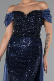Robe de Soirée Longue Perlé Bleu Marine ABU5099