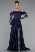 Robe De Soirée Satin Longue Bleu Marine ABU5054