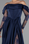Robe De Soirée Satin Longue Bleu Marine ABU5054