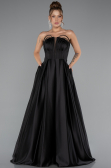 Robe de Soirée Longue Satin Noir ABU5105